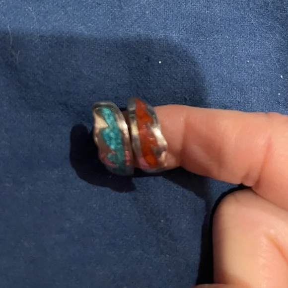 Silver Zuni Native artisan inlaid turquoise coral adjustable pinky ring Vintage